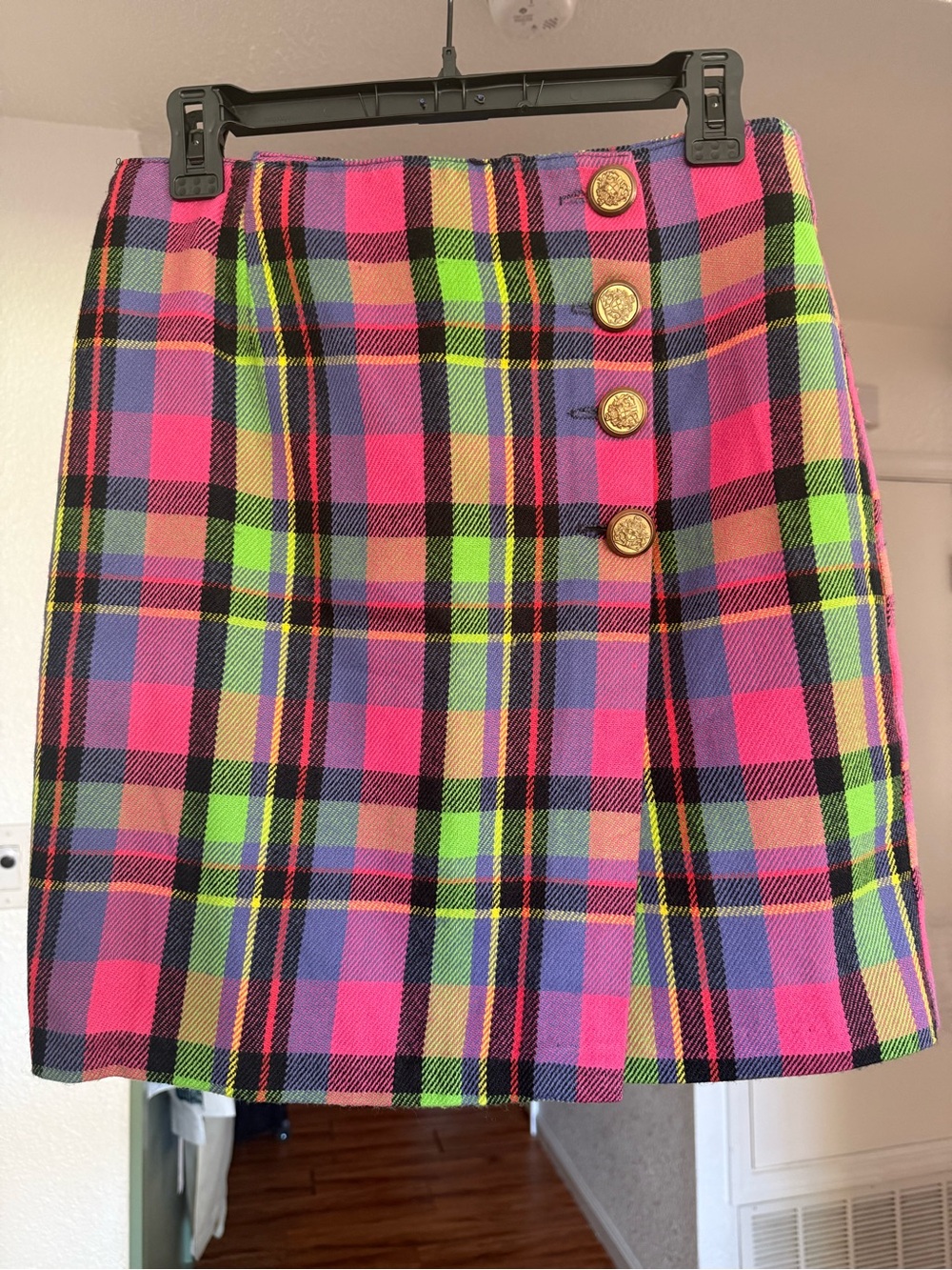 Vintage 90s Ceres Fashion Plaid Mini Skirt M Pink Green Wool Blend Gold Buttons